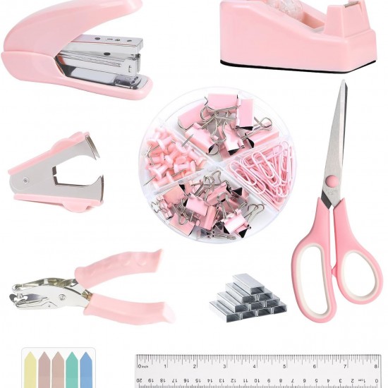 Pink Office Accessory Set - Effort-Saving Stapler, Staple Remover, Index Stickers, Paper Clips & Scissors