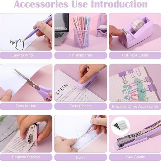 Purple Student Stationery Set - Stapler, Tape Dispenser, Pen Holder, Scissors, Ruler Combination Set