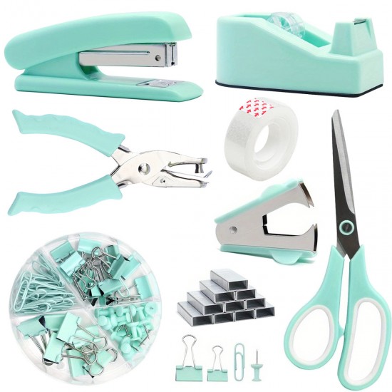 Direct Supply Green Desktop Office Supplies - Hole Punch, Stapler, Paper Clips, Push Pins, Scissors Stationery Set