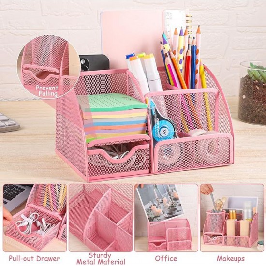 Direct Supply Pink Stationery Set - 7-Grid Round Pen Holder, Stapler, Scissors, Staple Remover & Ruler Office Combo