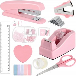 Pink Desktop Office Stationery Set - Stapler, Tape Dispenser, Scissors, Staple Remover - Factory Direct In Stock