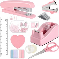 Pink Desktop Office Stationery Set - Stapler, Tape Dispenser, Scissors, Staple Remover - Factory Direct In Stock