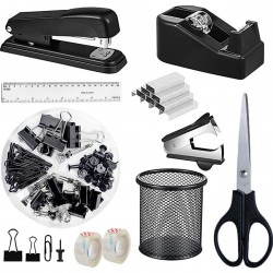 Black Office Stationery Set - Stapler, Scissors, Tape, Staple Remover, Staples & Paper Clips Combo