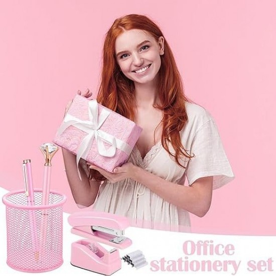 Direct Supply Multi-Functional Pink Desktop Organizer Set - Stapler, Tape Holder, Scissors & Staple Remover