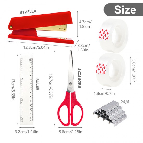 Red Office Stationery Set - Stapler, Staple Remover, Ruler & Tape, Factory Supply