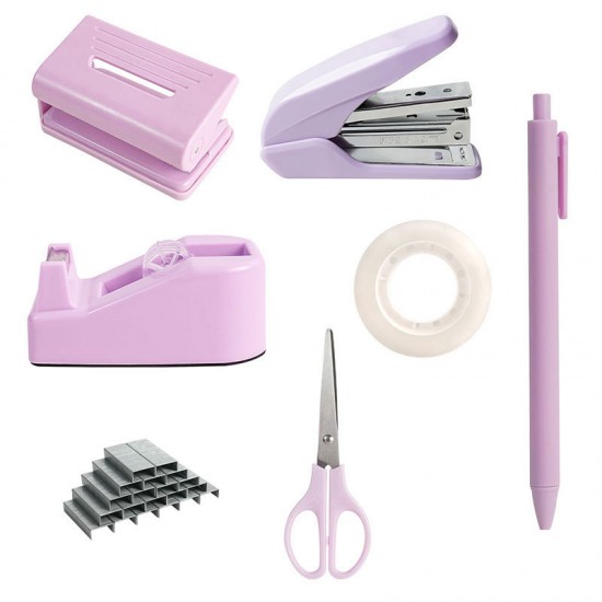 Macaron Desktop Office Stationery Set - Stapler, Tape Holder, Scissors & Pens, Factory In-Stock