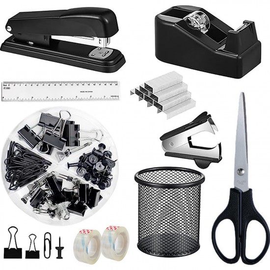 Black Office Stationery Set - Stapler, Scissors, Tape, Staple Remover, Staples & Paper Clips Combo