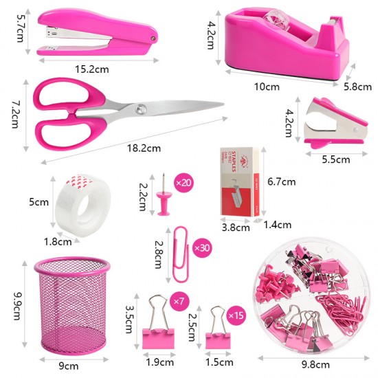 Hot-Selling Magenta Desktop Office Stationery Set - Stapler, Tape Dispenser, Scissors, Staple Remover