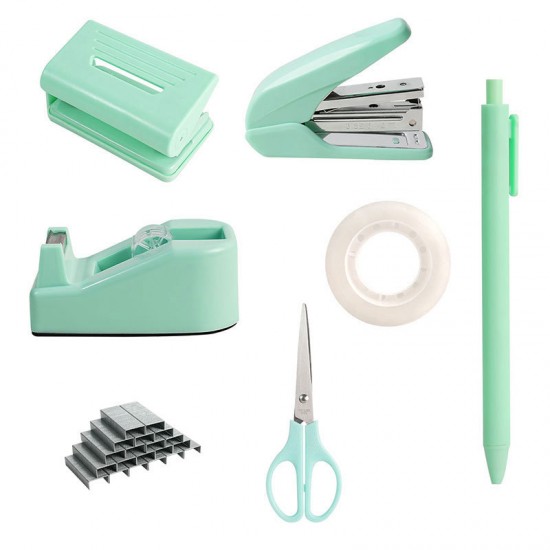 Macaron Desktop Office Stationery Set - Stapler, Tape Holder, Scissors & Pens, Factory In-Stock