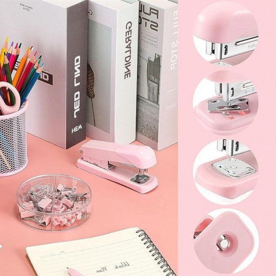 Direct Supply Pink Desktop Office Set - Hole Punch, Stapler, Paper Clips, Thumbtacks & Scissors
