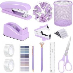 Purple Student Stationery Set - Stapler, Tape Dispenser, Pen Holder, Scissors, Ruler Combination Set