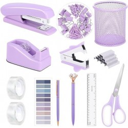 Purple Student Stationery Set - Stapler, Tape Dispenser, Pen Holder, Scissors, Ruler Combination Set