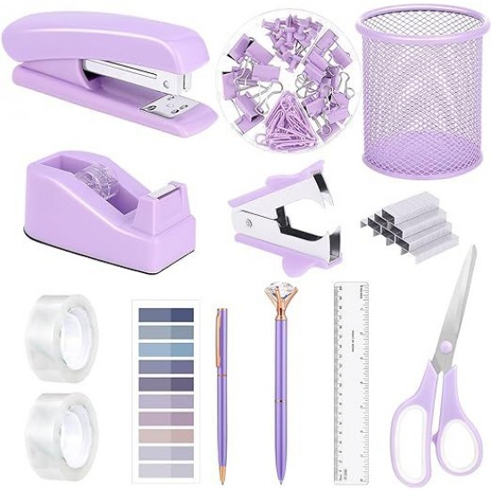 Purple Student Stationery Set - Stapler, Tape Dispenser, Pen Holder, Scissors, Ruler Combination Set
