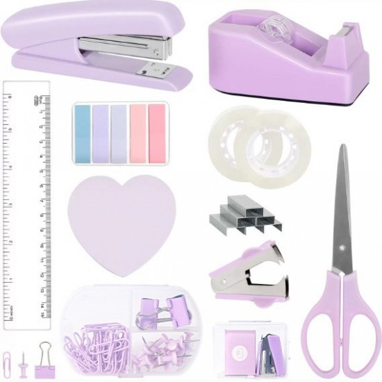 Pink Desktop Office Stationery Set - Stapler, Tape Dispenser, Scissors, Staple Remover - Factory Direct In Stock