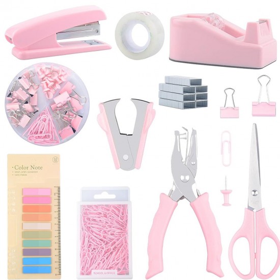 Hot-Selling Pink Student & Office Set - Stapler, Scissors, Paper Clips, Staple Remover, Staples