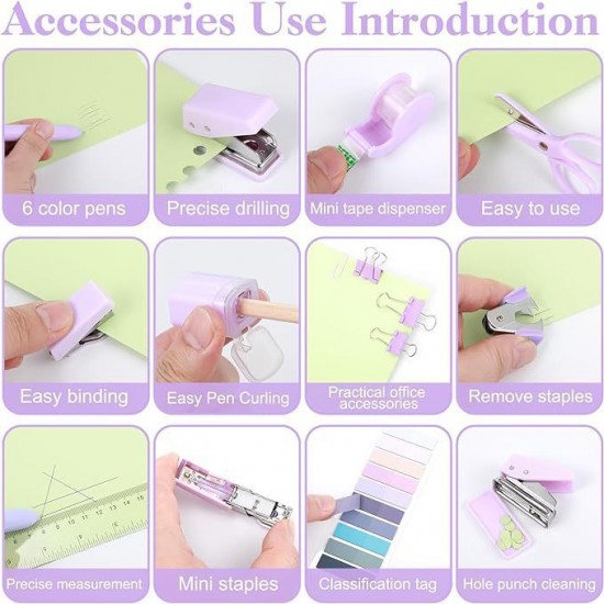 Exclusive Purple Mini Stapler Set - Transformable Tape Cutter, Index Stickers & Tape Kit