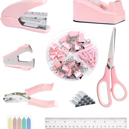 Pink Office Accessory Set - Effort-Saving Stapler, Staple Remover, Index Stickers, Paper Clips & Scissors