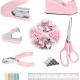 Pink Office Accessory Set - Effort-Saving Stapler, Staple Remover, Index Stickers, Paper Clips & Scissors