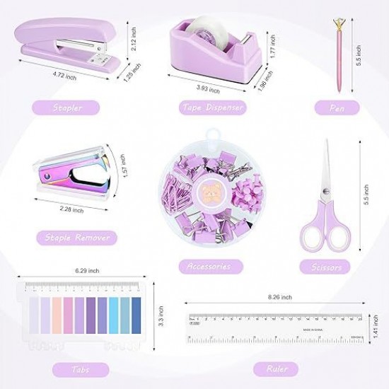 Direct Supply Purple Desktop Office Set - Stapler, Tape Dispenser, Paper Clips, Staple Remover
