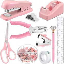Direct Supply Pink Desktop Office Set - Hole Punch, Stapler, Paper Clips, Thumbtacks & Scissors