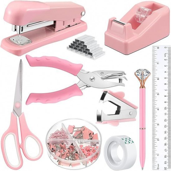 Direct Supply Pink Desktop Office Set - Hole Punch, Stapler, Paper Clips, Thumbtacks & Scissors