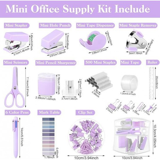 Exclusive Purple Mini Stapler Set - Transformable Tape Cutter, Index Stickers & Tape Kit