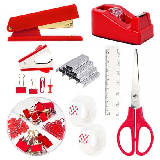 Red Office Stationery Set - Stapler, Staple Remover, Ruler & Tape, Factory Supply