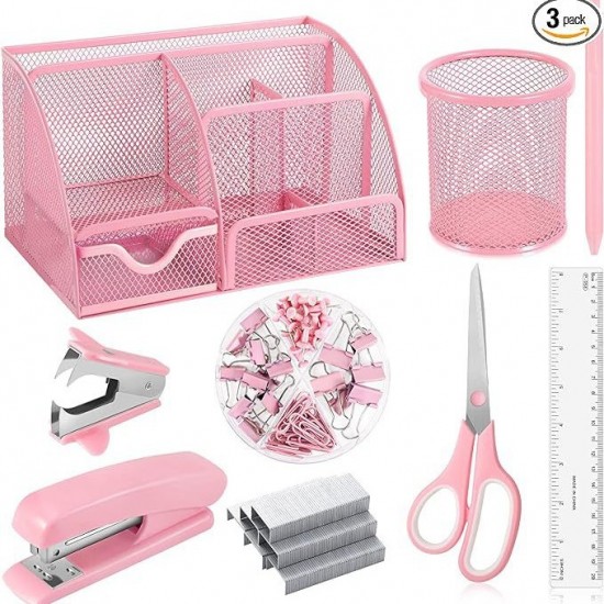 Direct Supply Pink Stationery Set - 7-Grid Round Pen Holder, Stapler, Scissors, Staple Remover & Ruler Office Combo