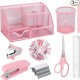 Direct Supply Pink Stationery Set - 7-Grid Round Pen Holder, Stapler, Scissors, Staple Remover & Ruler Office Combo