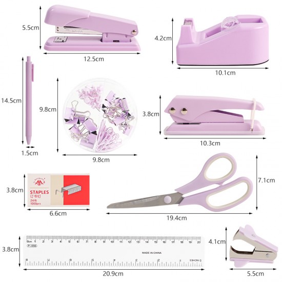 Purple Student Stationery Set - Stapler, Tape Holder, Pen Holder, Scissors & Ruler, In-Stock