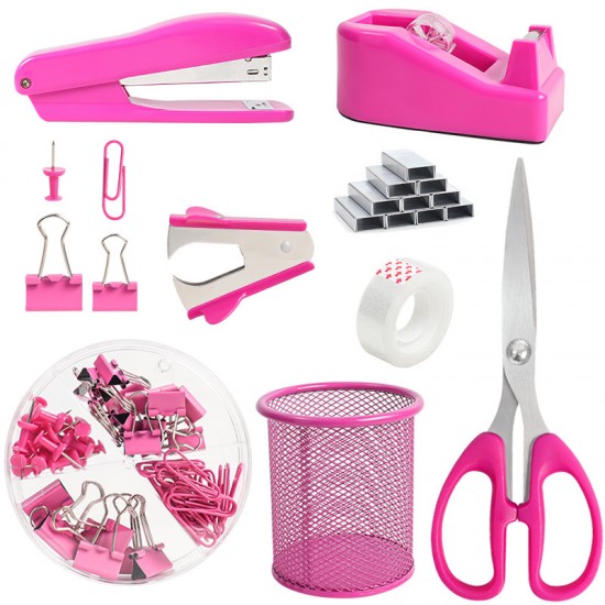 Hot-Selling Magenta Desktop Office Stationery Set - Stapler, Tape Dispenser, Scissors, Staple Remover