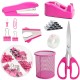 Hot-Selling Magenta Desktop Office Stationery Set - Stapler, Tape Dispenser, Scissors, Staple Remover