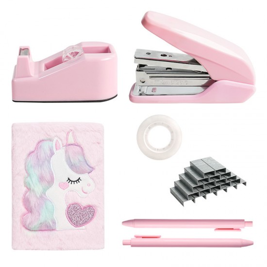 Pink Office Set - Stapler, Staples, Tape Holder & Plush Notebook, In-Stock
