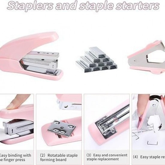 Pink Office Accessory Set - Effort-Saving Stapler, Staple Remover, Index Stickers, Paper Clips & Scissors