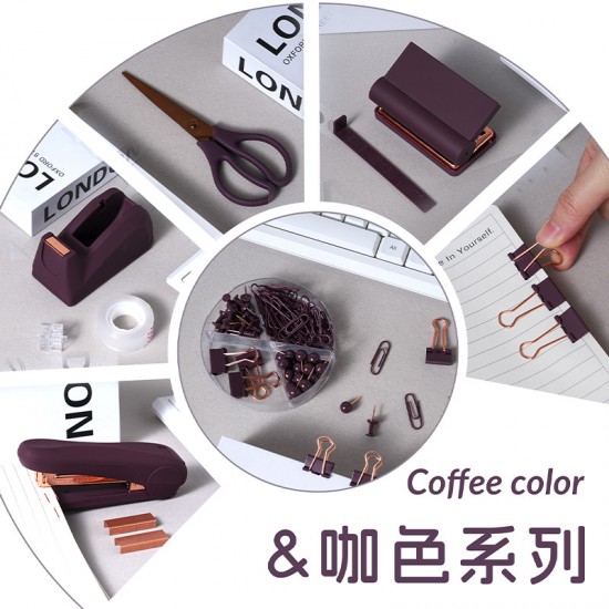 Exclusive Business-Color Office Set - Stapler, Tape Holder, Scissors, Hole Punch & Paper Clips