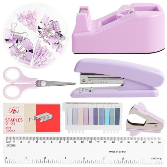 Direct Supply Purple Desktop Office Supplies - Hole Punch, Stapler, Paper Clips, Push Pins, Scissors Stationery Set