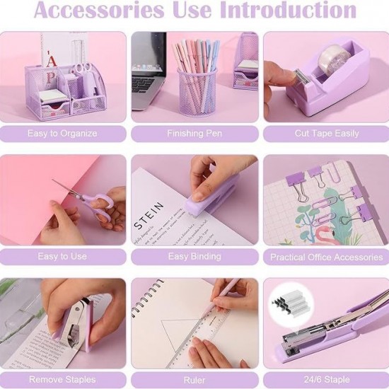 Direct Supply Purple Student & Office Stationery Set - Stapler, Tape Dispenser, Pen Holder, Storage Box