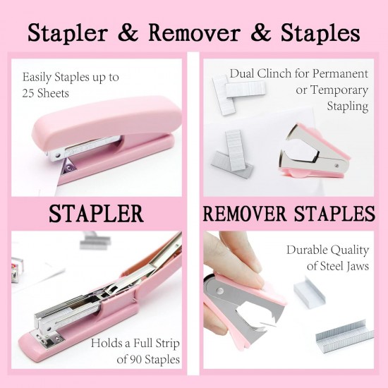 Pink Desktop Office Set - Stapler, Scissors, Tape, Staple Remover, Staples - In Stock