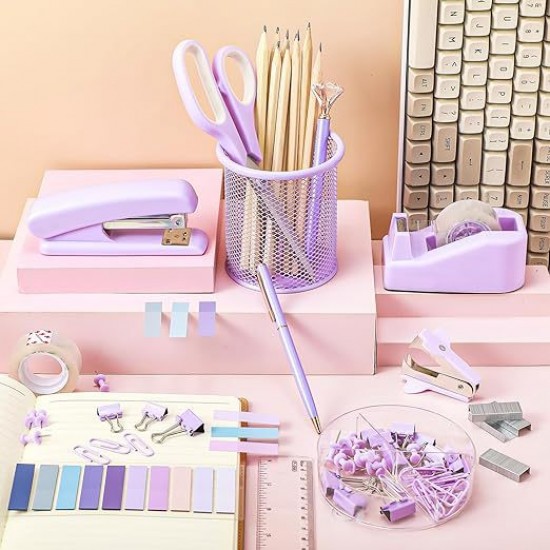 Purple Student Stationery Set - Stapler, Tape Dispenser, Pen Holder, Scissors, Ruler Combination Set