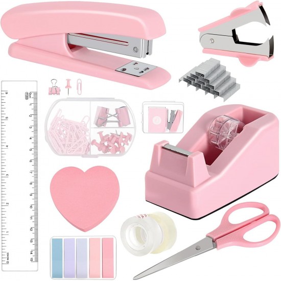 Pink Desktop Office Stationery Set - Stapler, Tape Dispenser, Scissors, Staple Remover - Factory Direct In Stock
