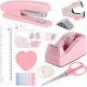 Pink Desktop Office Stationery Set - Stapler, Tape Dispenser, Scissors, Staple Remover - Factory Direct In Stock