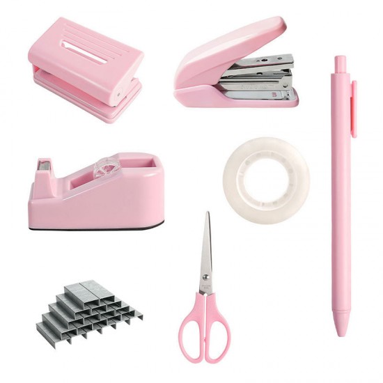 Macaron Desktop Office Stationery Set - Stapler, Tape Holder, Scissors & Pens, Factory In-Stock