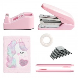 Pink Office Set - Stapler, Staples, Tape Holder & Plush Notebook, In-Stock