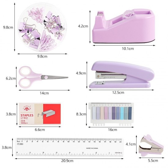 Direct Supply Purple Desktop Office Supplies - Hole Punch, Stapler, Paper Clips, Push Pins, Scissors Stationery Set