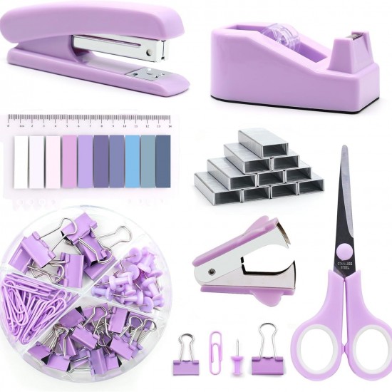 Purple Office Stationery Set - Stapler, Scissors, Tape, Staple Remover, Staples - In Stock