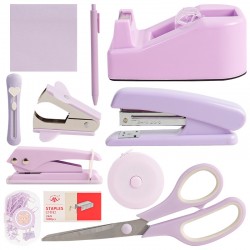 Purple Desktop Office Stationery Set - Stapler, Tape Dispenser, Scissors, Staple Remover - Factory Direct In Stock