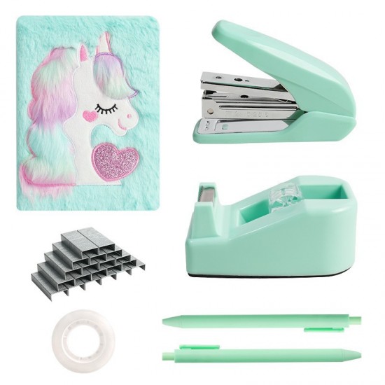 Green Office Set - Stapler, Staples, Tape Dispenser, Plush Notebook - In Stock