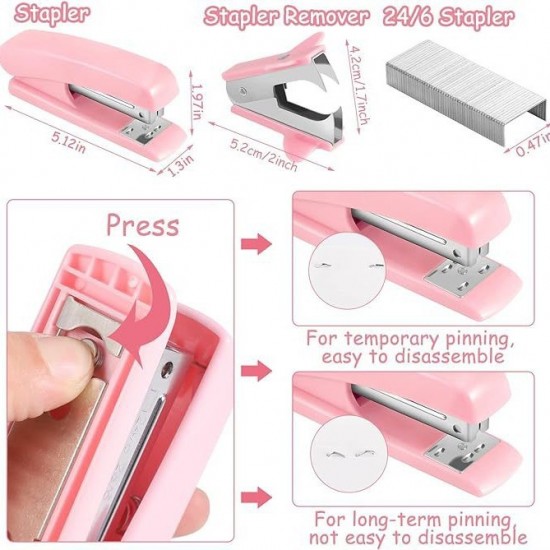 Direct Supply Pink Stationery Set - 7-Grid Round Pen Holder, Stapler, Scissors, Staple Remover & Ruler Office Combo