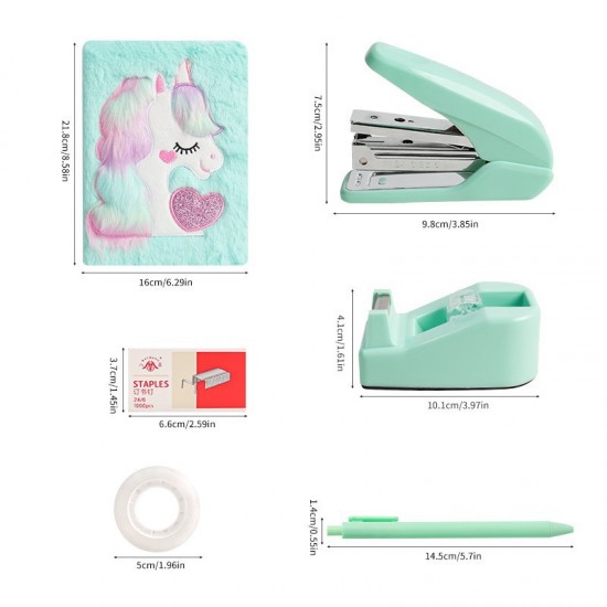 Green Office Set - Stapler, Staples, Tape Dispenser, Plush Notebook - In Stock