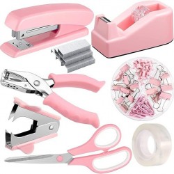 Direct Supply Pink Desktop Office Accessory Set - Macaron-Colored Stapler, Tape Holder & Scissors Combo